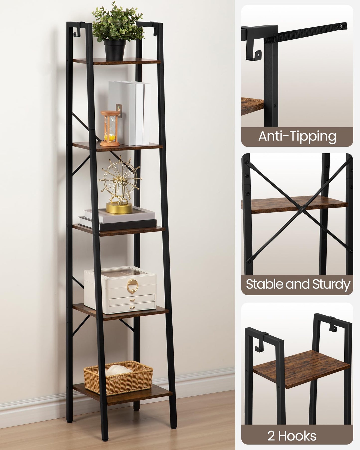Ladder Shelf, Bookshelf Bookcase, Freestanding Corner Storage Shelve with 2 Hooks for Home Office, Living Room, Kitchen, Bedroom, Industrial, 5-Tier Rustic Brown BC03201B
