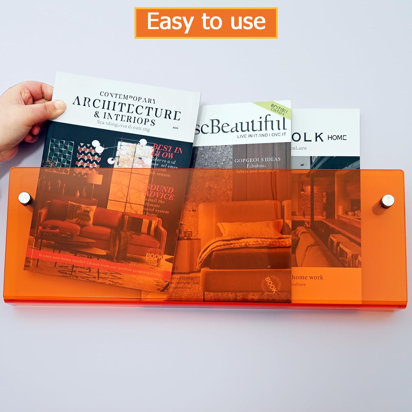 2 Pack Orange Acrylic Magazine Holder, Wall Mount Hanging Bookshelf Literature Storage Rack, Brochure File Display Shelf for Waiting Room, Living Room, Office, Home