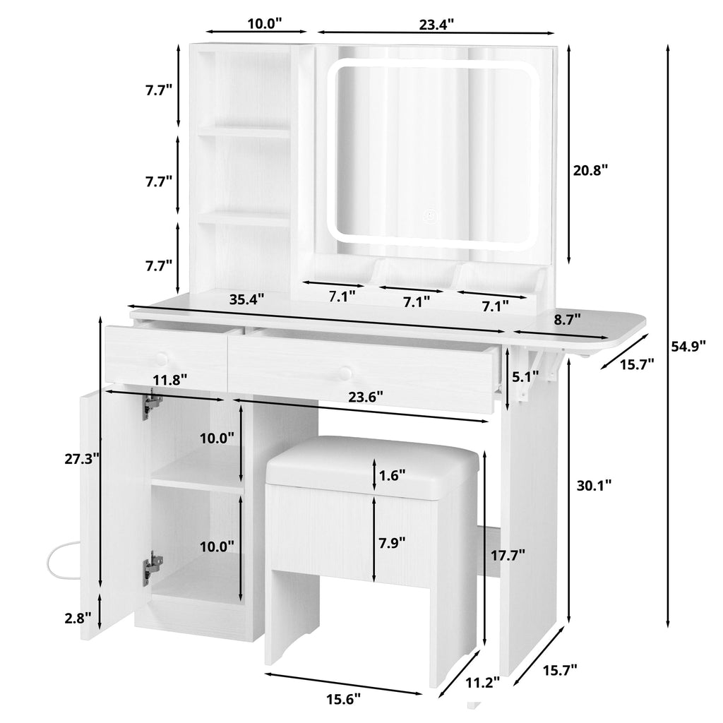 Vanity Desk with LED Lighted Mirror & Power Outlet, Makeup Table with Drawers & Cabinet,Storage Stool,for Bedroom, White