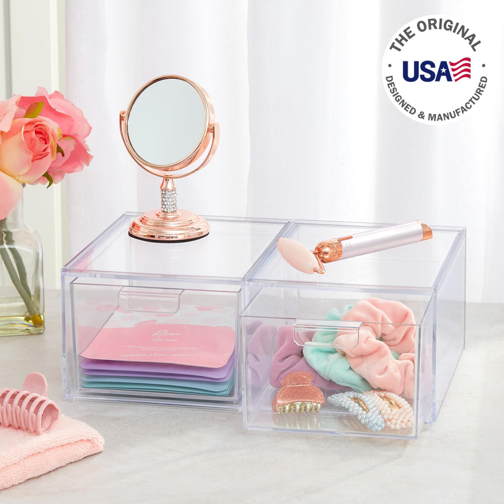 Stackable Clear Bin Plastic Organizer Drawers | 2 Piece Set | Organize Cosmetics and Beauty Supplies on a Vanity | Made in USA