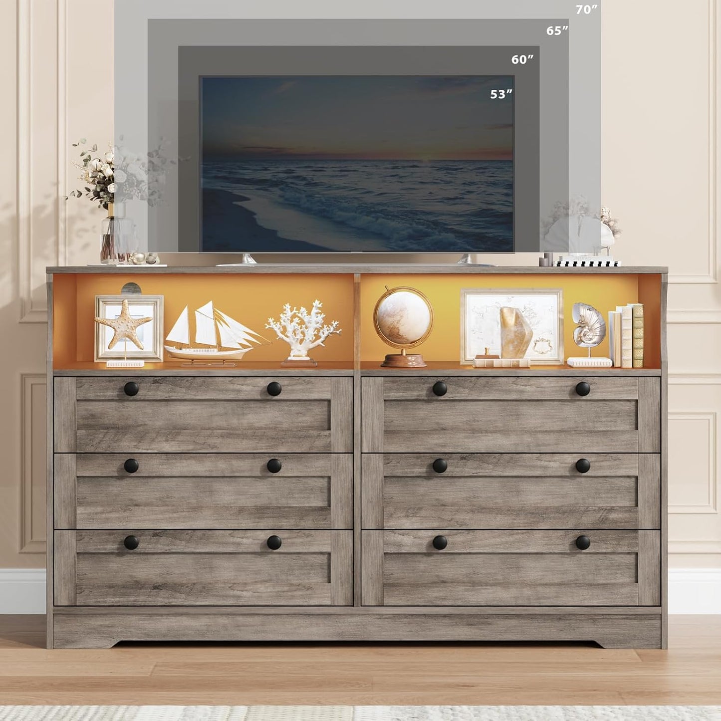 Grey Dresser for Bedroom with Power Outlet, Modern 6 Drawer Dresser Wooden with LED Light, Large Capacity Storage Dressers Bedroom, Tv Stand Dresser for Bedroom with Large Drawer, Handles