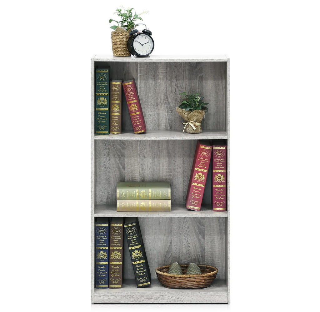 Basic 3-Tier Bookcase Storage Shelves, French Oak Grey