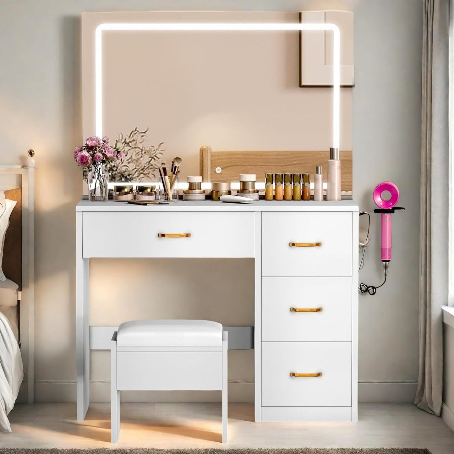 Makeup Vanity with Large LED Lighted Mirror, Vanity Desk with 4 Drawers & Power Outlet, Dressing Table with 3 Lighting Colors, Dressing Table with Cushioned Stool, Ivory White