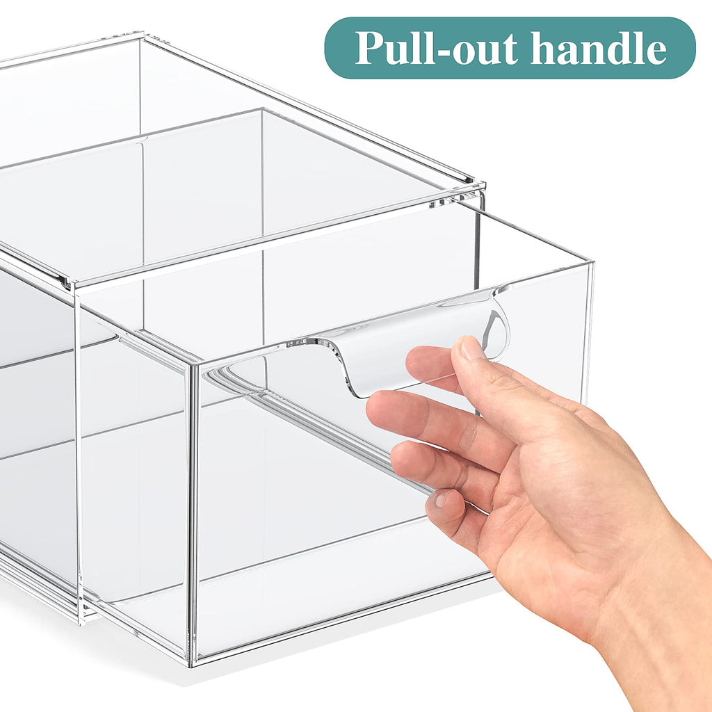 2 Pack Stackable Makeup Organizer and Storage, Acrylic Organizers，Clear Plastic Storage Drawer with Handles for Vanity, Undersink, Kitchen Cabinets, Pantry