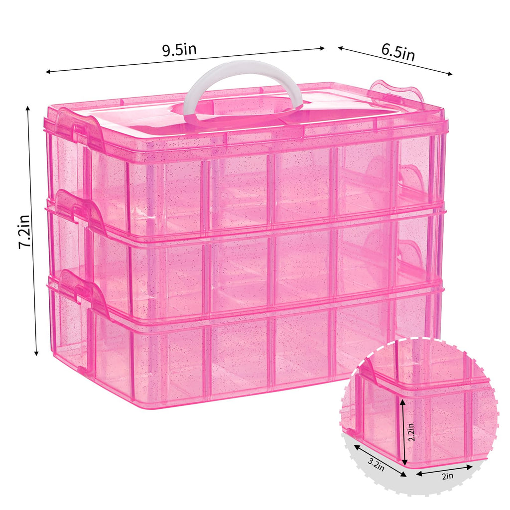 3-Tier Pink Craft Storage Container, Stackable Organizer Box with Dividers for Art Supplies, Beads, Washi Tapes, Seed, Hair Accessories, Nail, 9.5X6.5X7.2in