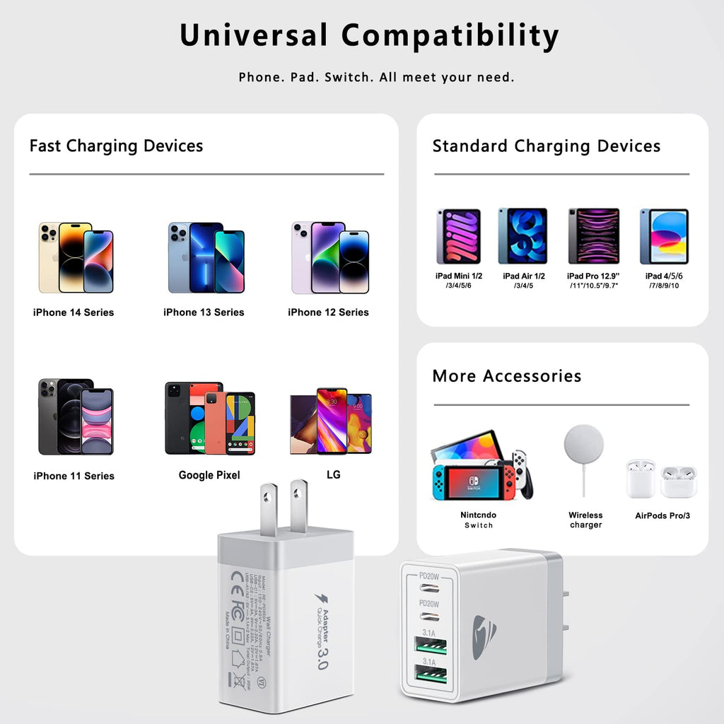 [2-Pack] USB C Wall Charger, 40W Fast USB C Charger Block, 4-Port PD Power Adapter + QC Wall Plug Multiport Type C Charging Block Cube Compatible with iPhone 15 14 13 12 11 Pro Max XR XS 8 7, Samsung