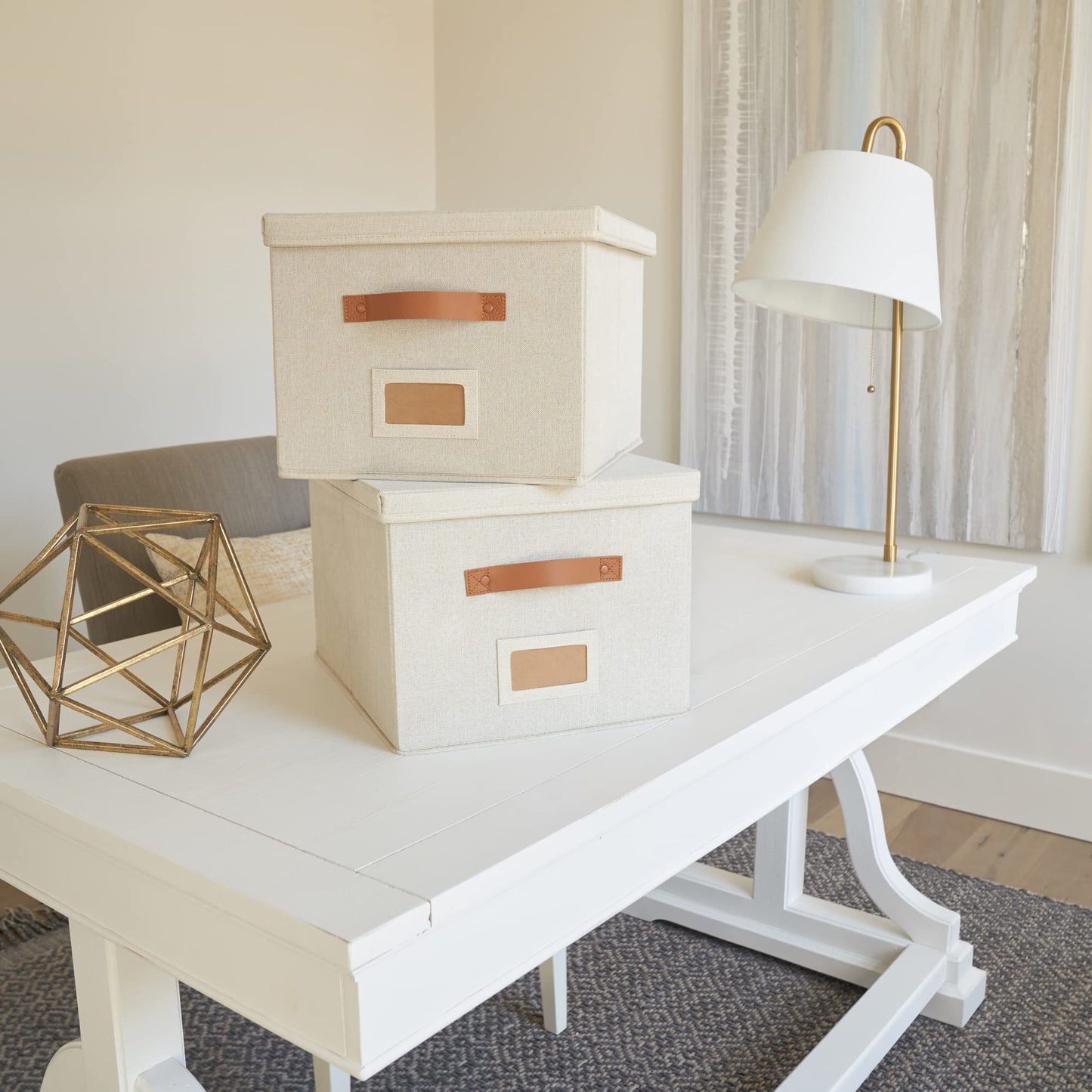 Decorative File Organizer Box Set of 2 - Collapsible Linen Filing Cabinets w/Handles Are Perfect to Store all Your Documents & Hanging File Folders - Portable Easy Slide Crates with Lid