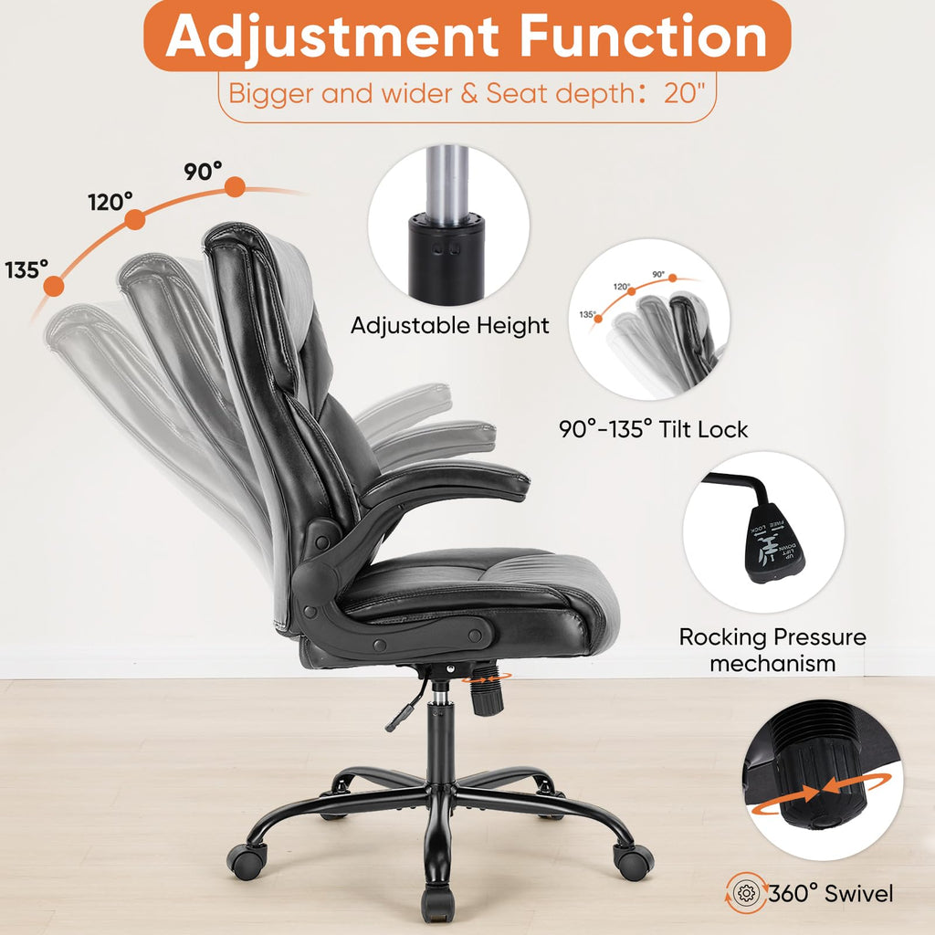 Ergonomic Computer Gaming Office Chair, Heavy Duty Task Desk Swivel Rolling Chairs with Wheels, Flip-up Arms, Adjustable Height, PU Leather, Black