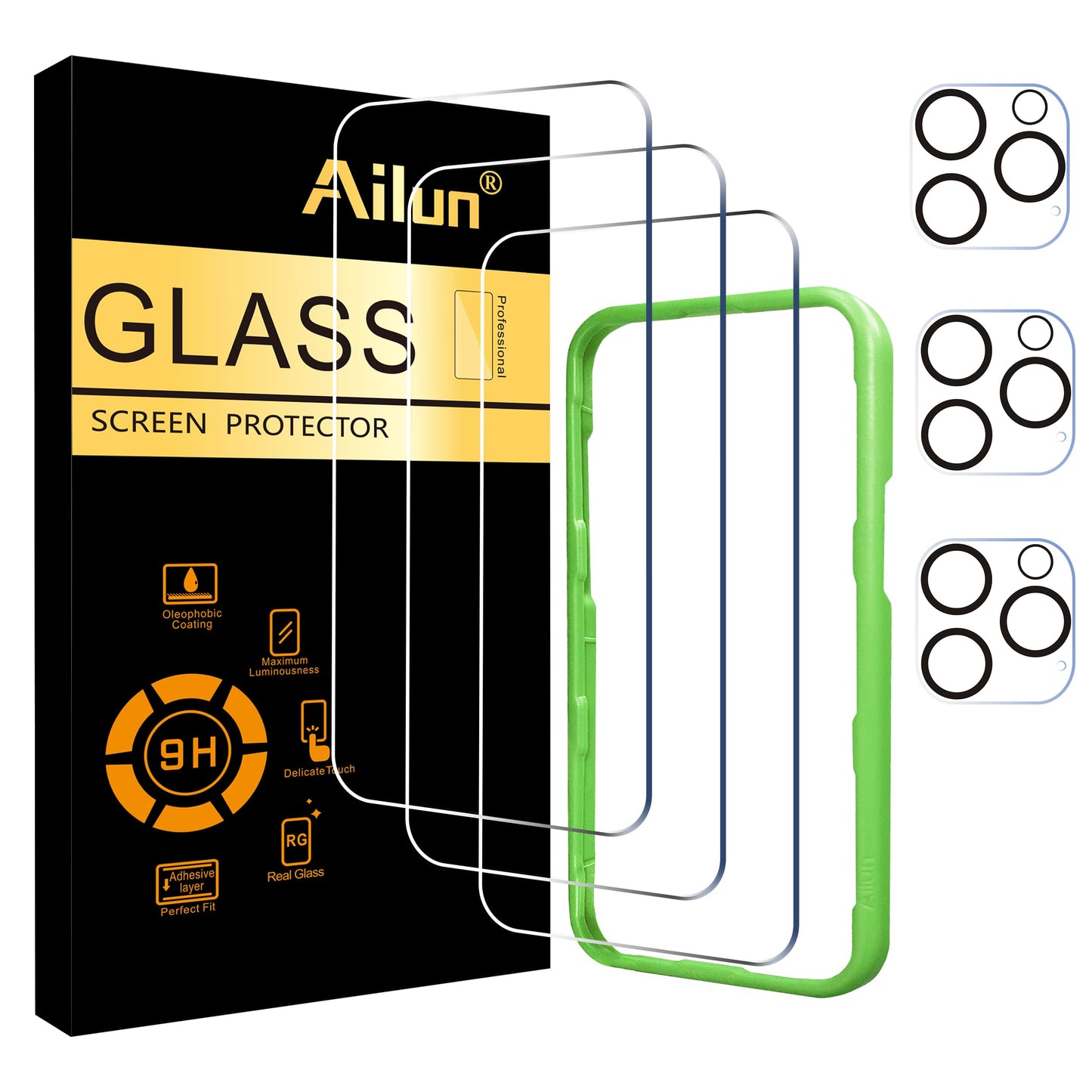 3 Pack Screen Protector for iPhone 16 Pro [6.3 inch] + 3 Pack Camera Lens Protector with Installation Frame,Case Friendly Tempered Glass Film,[9H Hardness] - HD [6 Pack]