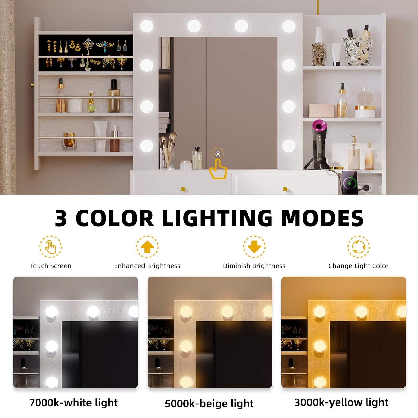 Vanity Desk with Mirror & Power Outlet, Luxury Vanity Table Set with Hidden Jewelry Storage, Big Makeup Desk with 5 Drawers, Dressing Table with Cushion Stool, 3 Lighting Color Modes, White