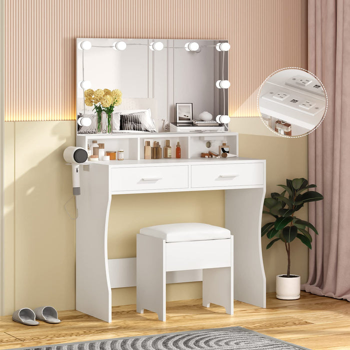 Makeup Vanity with Lighted Mirror & Power Outlet, White Vanity Set Vanity Desk, Clearance Makeup Vanity 3 Lighting Colors, Brightness Adjustable, 31.5in(W)