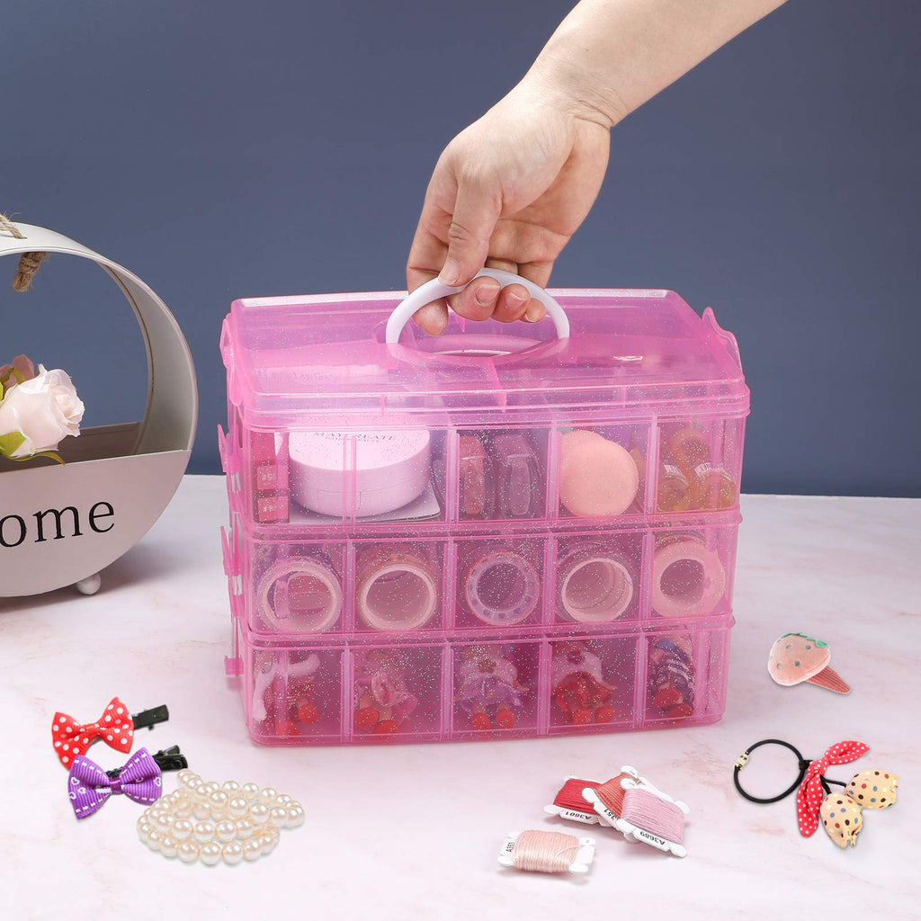 3-Tier Pink Craft Storage Container, Stackable Organizer Box with Dividers for Art Supplies, Beads, Washi Tapes, Seed, Hair Accessories, Nail, 9.5X6.5X7.2in