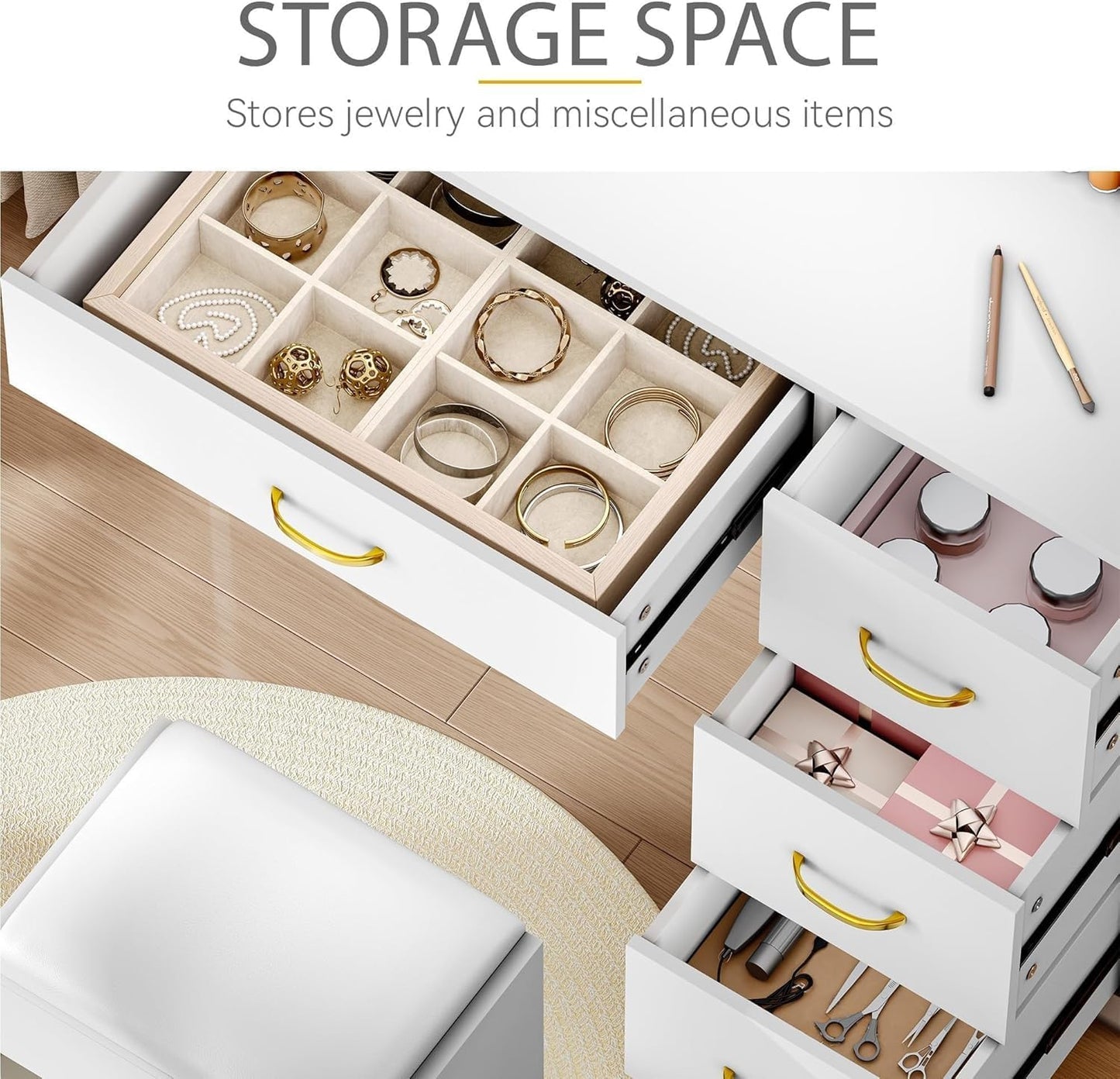 Makeup Vanity with Large LED Lighted Mirror, Vanity Desk with 4 Drawers & Power Outlet, Dressing Table with 3 Lighting Colors, Dressing Table with Cushioned Stool, Ivory White