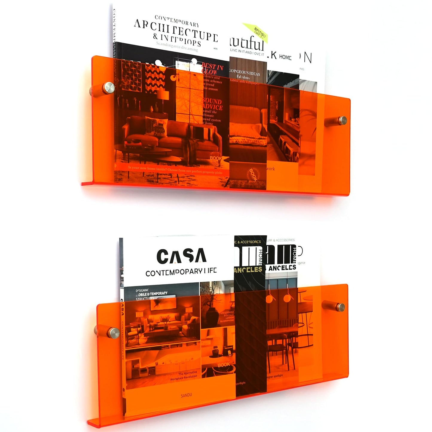 2 Pack Orange Acrylic Magazine Holder, Wall Mount Hanging Bookshelf Literature Storage Rack, Brochure File Display Shelf for Waiting Room, Living Room, Office, Home