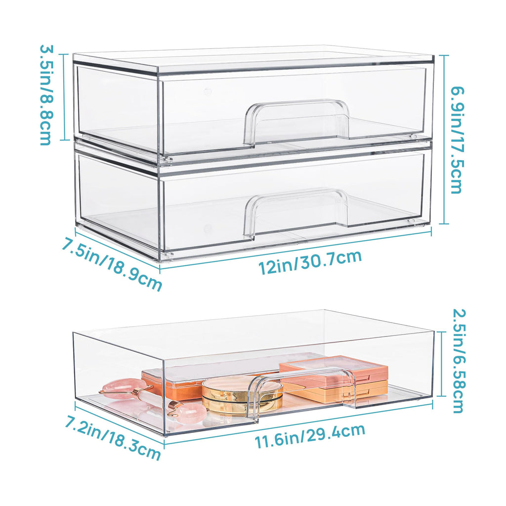 12''W Clear Stackable Storage Drawers,2 Pack Acrylic Plastic Organizers Bins for Makeup Palettes, Cosmetics, and Beauty Supplies,Ideal for Vanity, Bathroom,Cabinet,Desk Organization