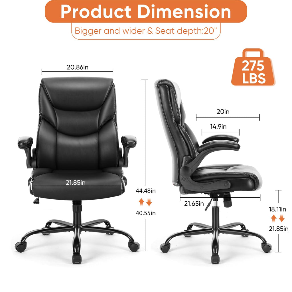 Ergonomic Computer Gaming Office Chair, Heavy Duty Task Desk Swivel Rolling Chairs with Wheels, Flip-up Arms, Adjustable Height, PU Leather, Black