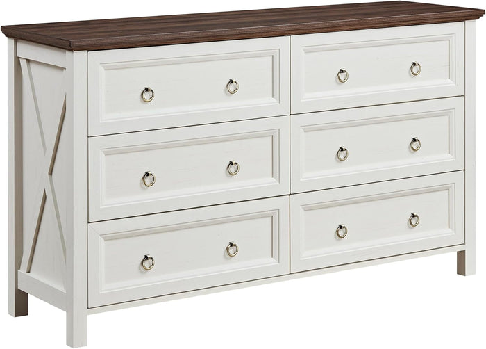 Farmhouse 6 Drawers Dresser Chests, Rustic Wooden Tall Dresser-Closet Organizer w/Round Knobs & Two Tone Color, Large Wood Chest of Drawer for Bedroom Living Room Hallway, Walnut+White