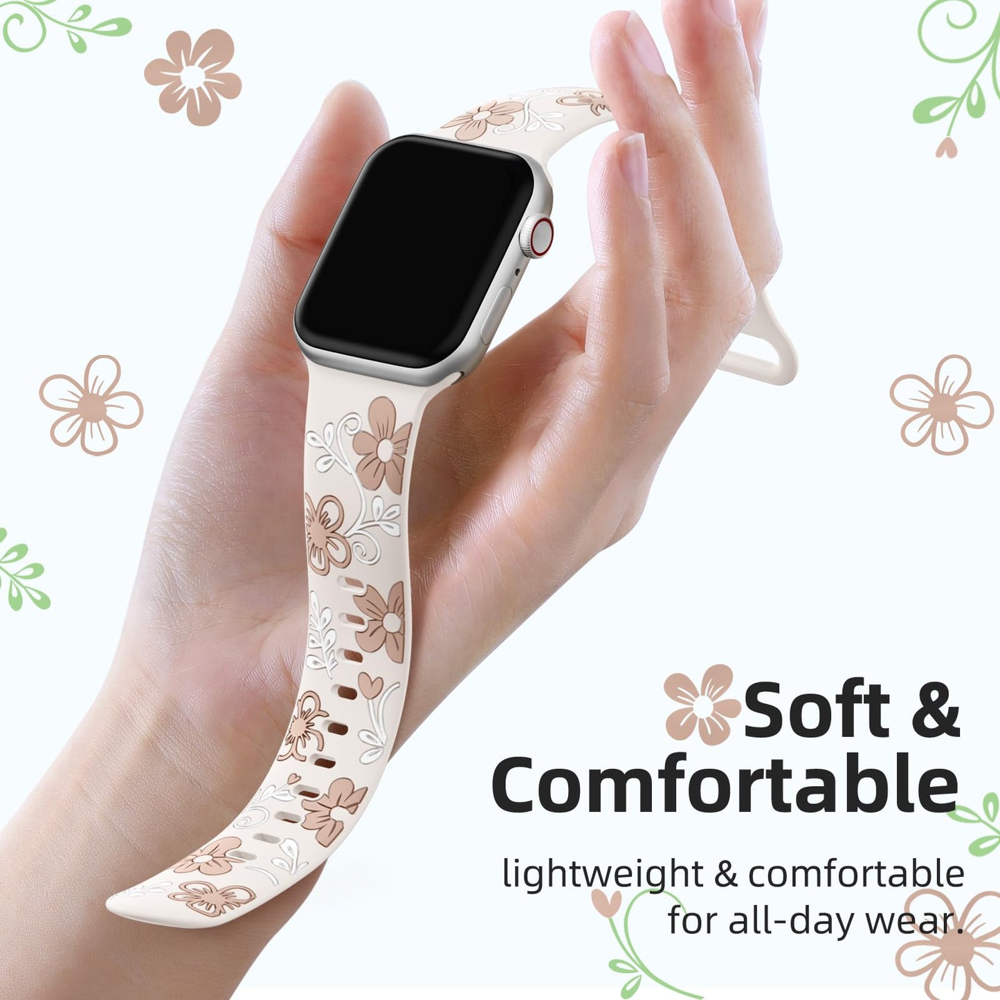 Witzon Floral Band Compatible with Apple Watch Bands For Women 41mm 40mm 38mm 42mm 44mm 45mm 46mm 49mm, Engraved Cute Flower Soft Silicone Inlay Strap for iWatch Series 10 9 8 7 6 5 4 3 2 1 SE Ultra