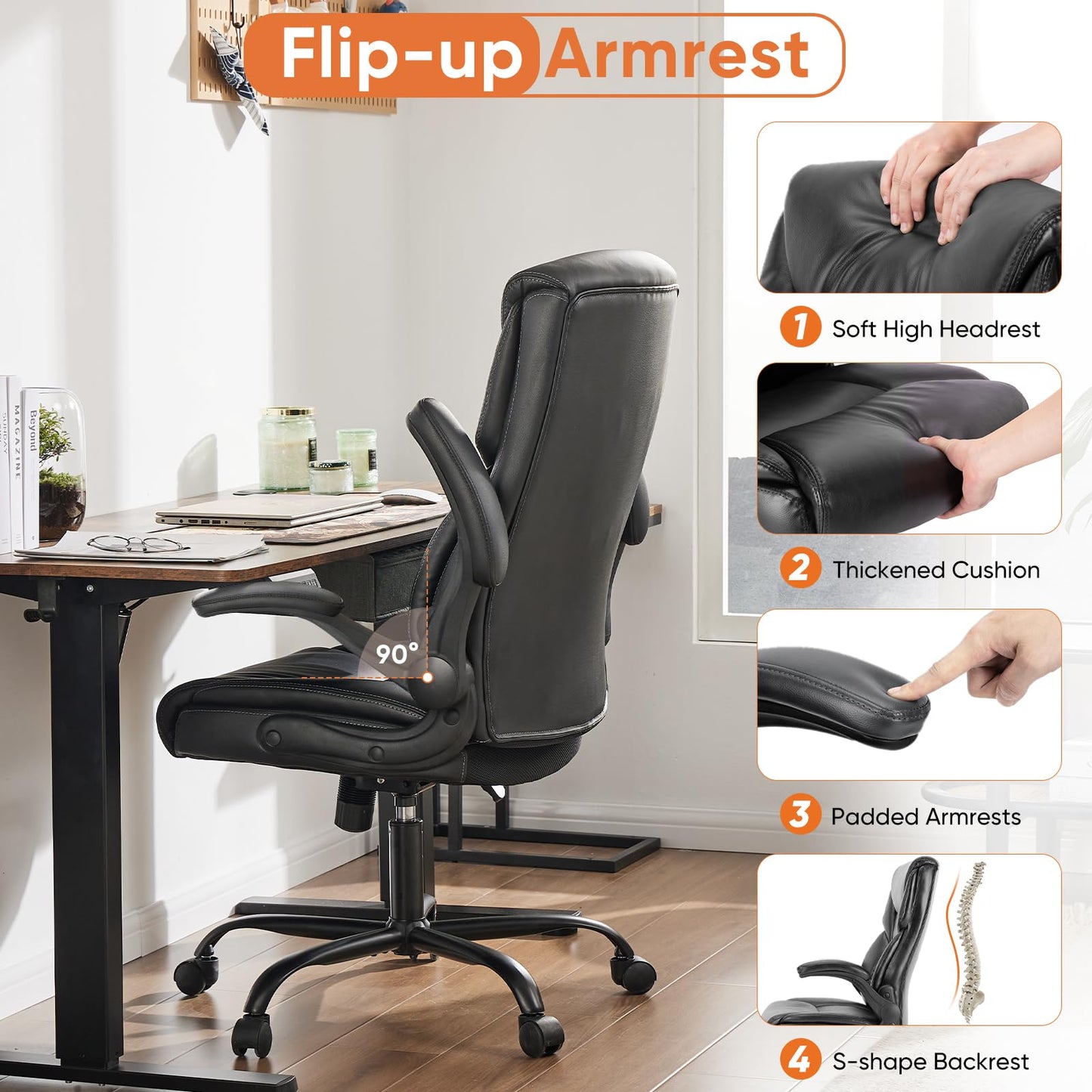 Ergonomic Computer Gaming Office Chair, Heavy Duty Task Desk Swivel Rolling Chairs with Wheels, Flip-up Arms, Adjustable Height, PU Leather, Black