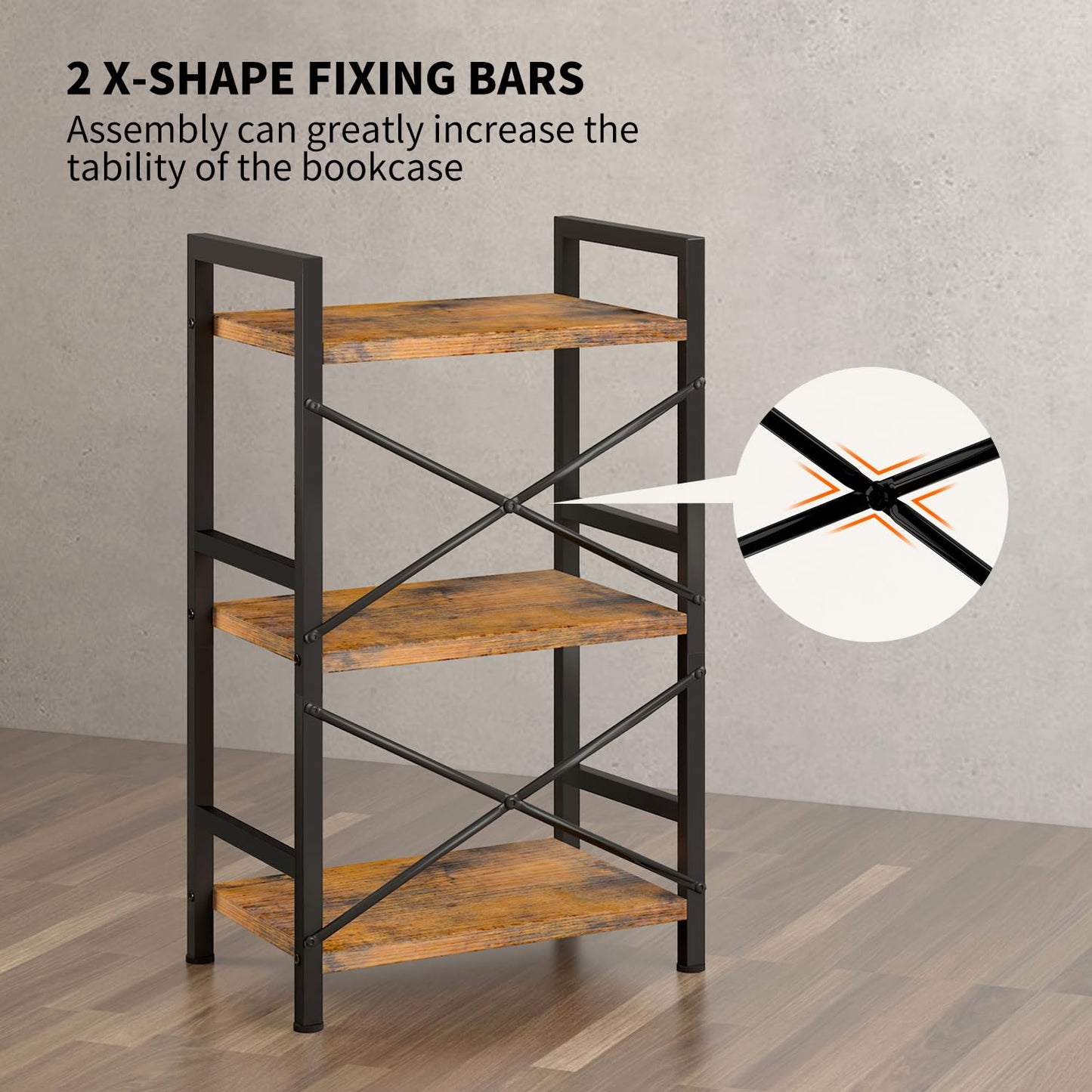 Bookshelf, 3 Tier Industrial Bookcase, Metal Small Bookcase, Rustic Etagere Book Shelf Storage Organizer for Living Room, Bedroom, and Home Office(Rustic Brown)
