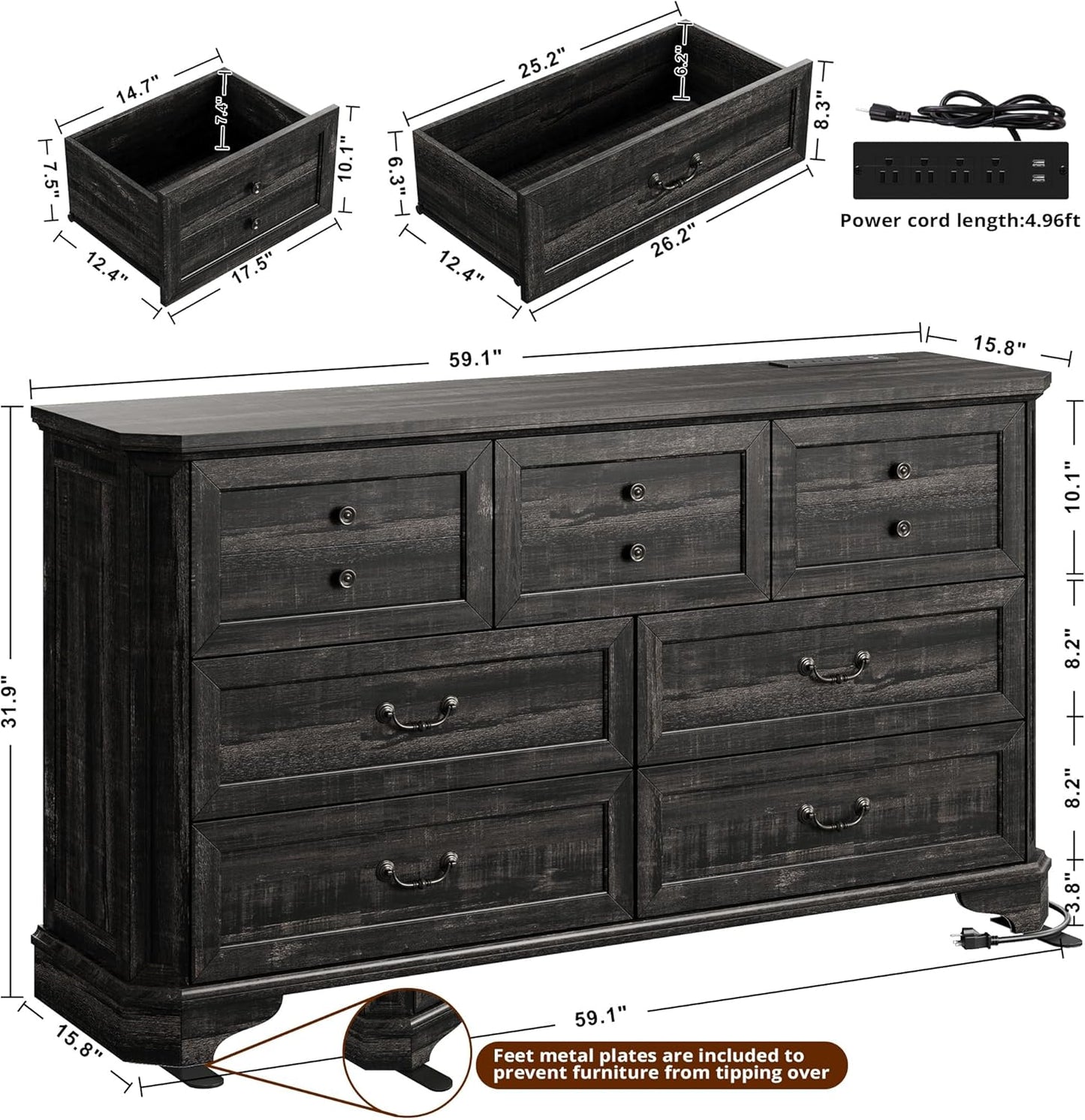 Farmhouse 7 Drawers Dresser for Bedroom, 59" Long Dresser with Charging Station, Natural Texture, Vintage Design, for Bedroom, Charcoal