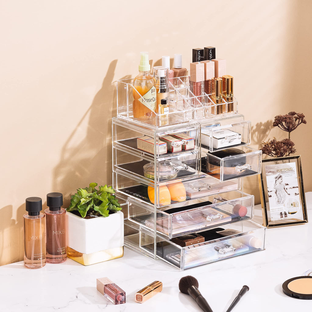 Clear Cosmetic Makeup Organizer - Make Up & Jewelry Storage, Case & Display - Spacious Design - (3 Large, 4 Small Drawers)