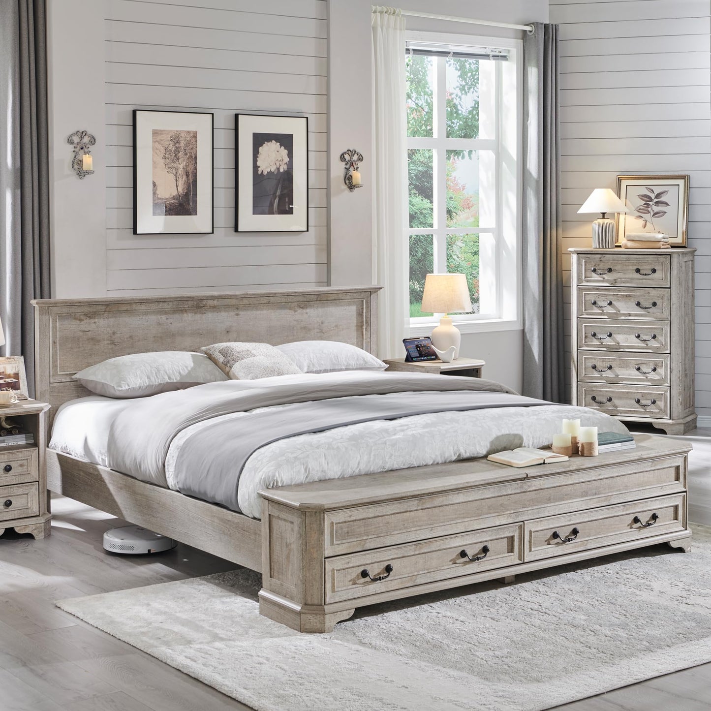 Farmhouse King Bed with Headboard and Storage Bench, Rustic Wood Platform Bed with 80" Storage Chest w/ 4 Large Drawer, Light Rustic Oak