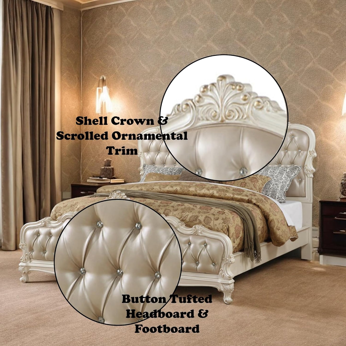 California King - Chantelle Bed Rose Gold PU & Pearl White with French Rococo Design