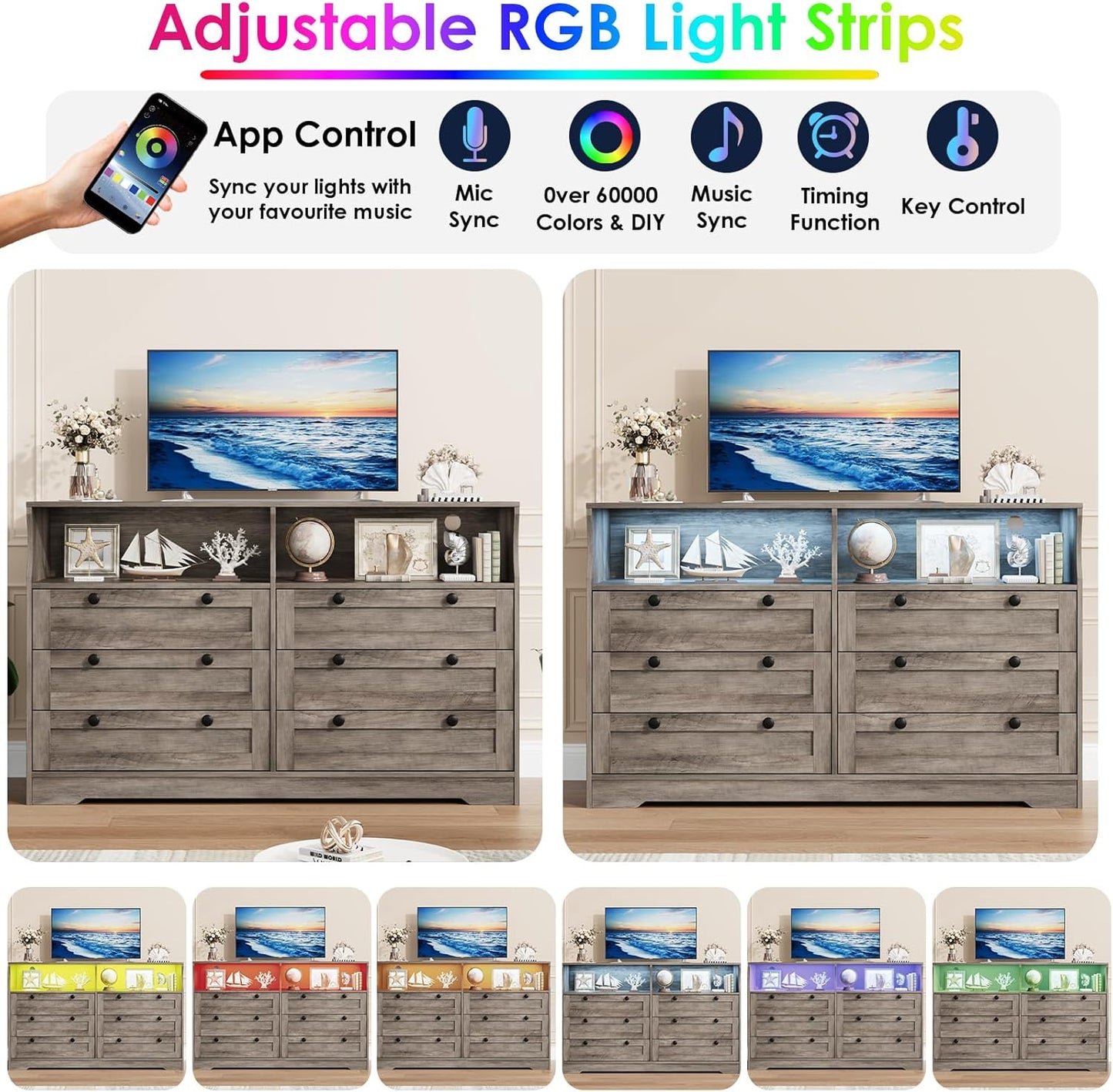Grey Dresser for Bedroom with Power Outlet, Modern 6 Drawer Dresser Wooden with LED Light, Large Capacity Storage Dressers Bedroom, Tv Stand Dresser for Bedroom with Large Drawer, Handles