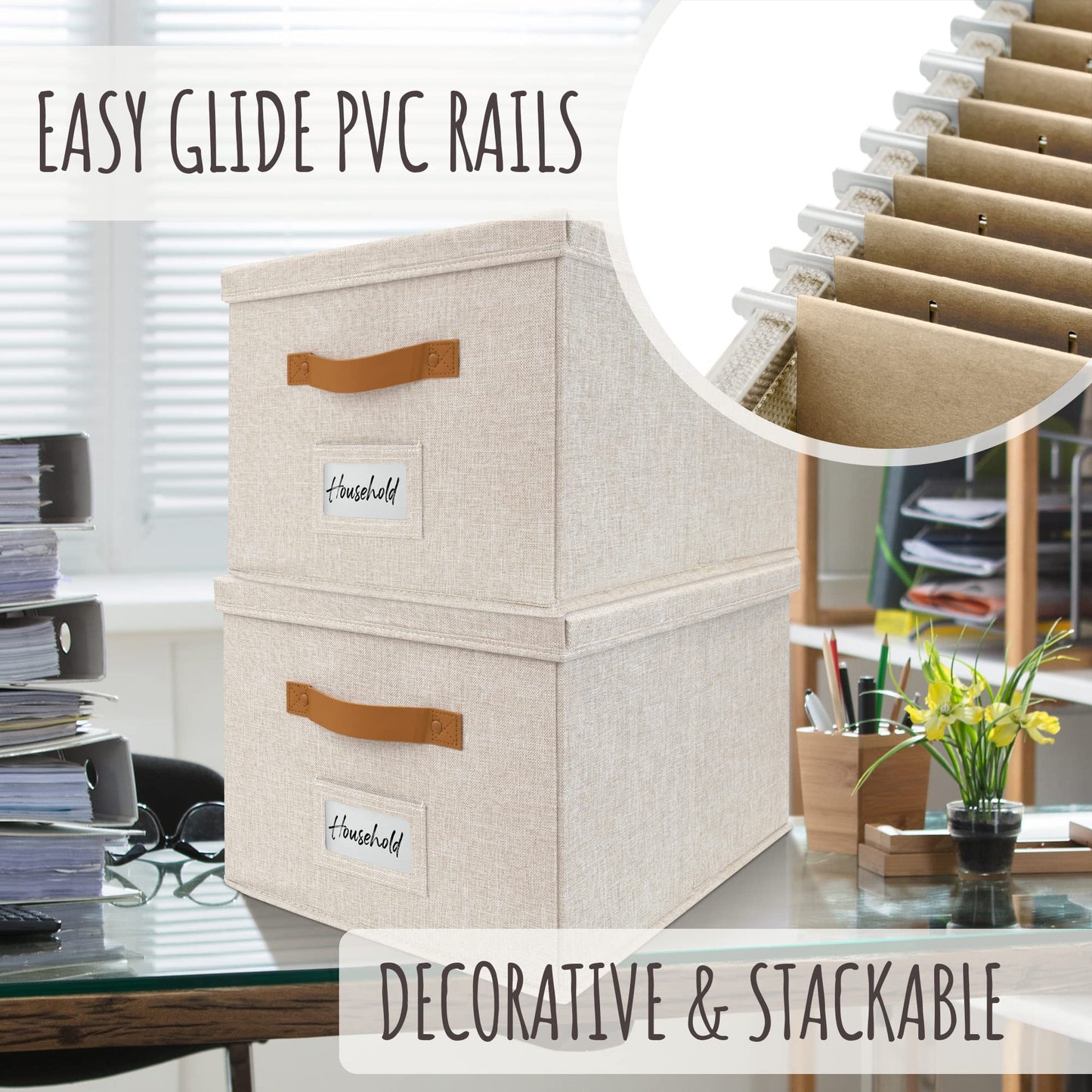 Decorative File Organizer Box Set of 2 - Collapsible Linen Filing Cabinets w/Handles Are Perfect to Store all Your Documents & Hanging File Folders - Portable Easy Slide Crates with Lid