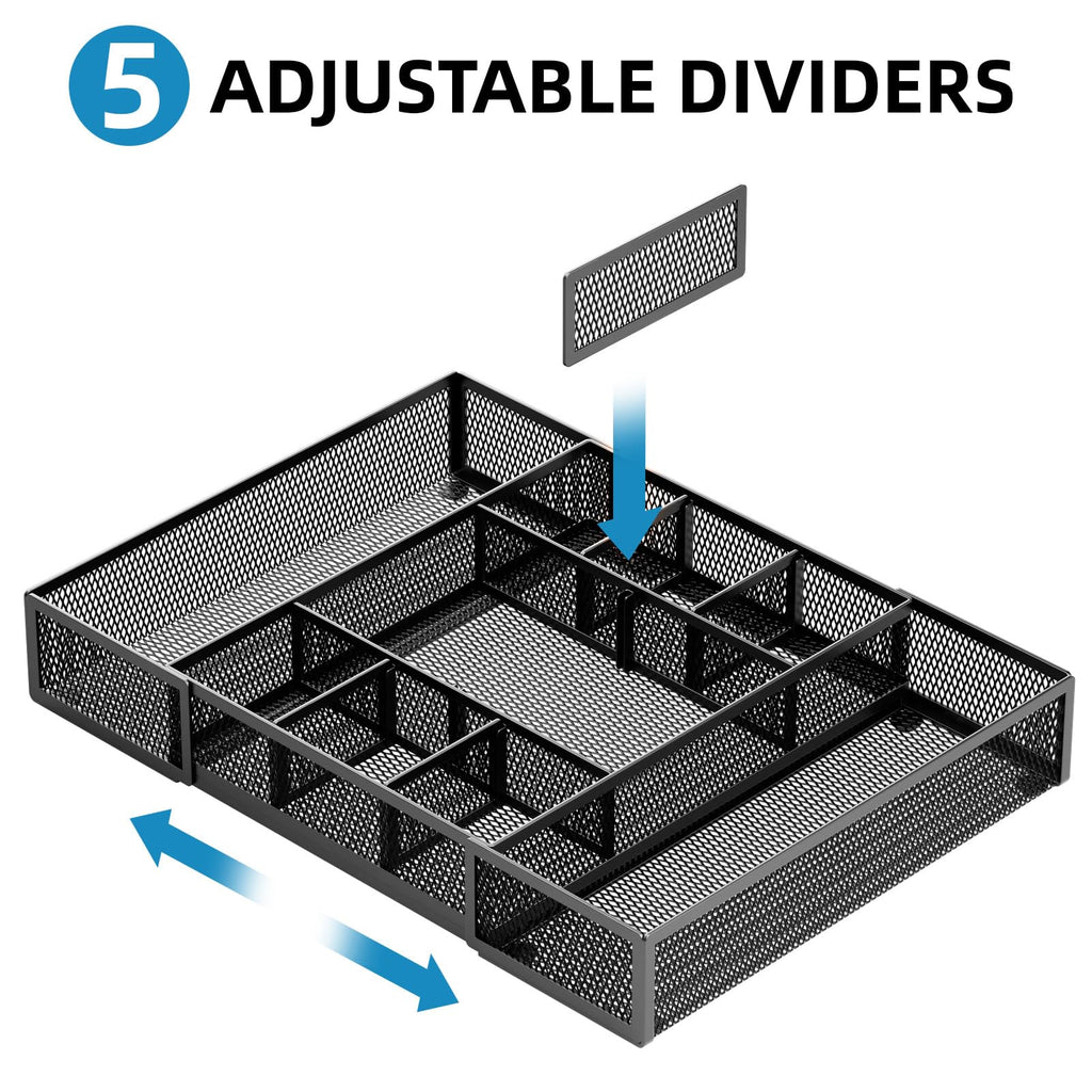 Expandable Desk Drawer Organizer with 10 Adjustable Compartments & 5 Dividers (Black)