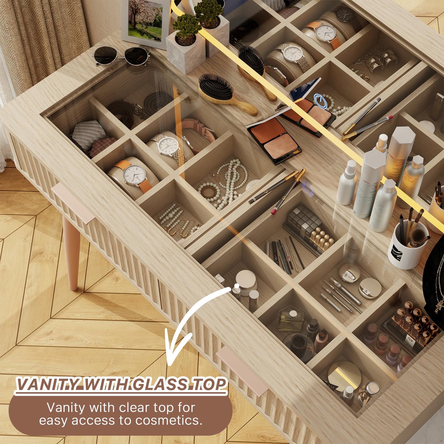 Fluted Makeup Vanity Desk with Mirror and Lights, 3 Color Modes & Adjustable Brightness Dressing Table, Large Vanity Table Set with 3 Drawers & Storage Cabinet for Bedroom, Oak 48"