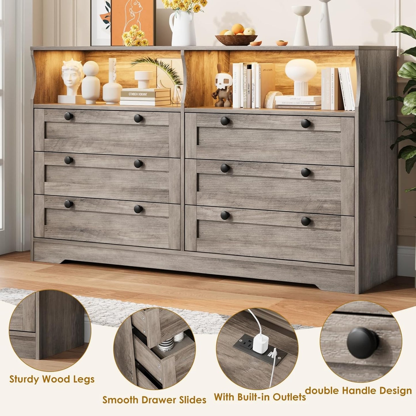 Grey Dresser for Bedroom with Power Outlet, Modern 6 Drawer Dresser Wooden with LED Light, Large Capacity Storage Dressers Bedroom, Tv Stand Dresser for Bedroom with Large Drawer, Handles