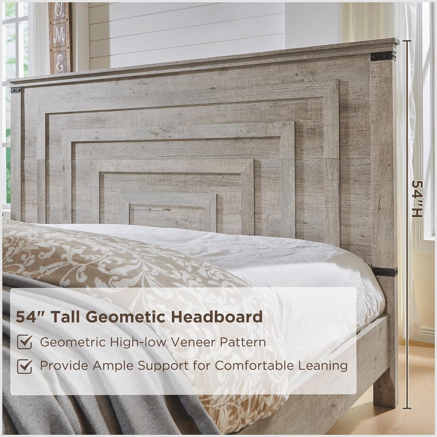 Farmhouse King Size Bed Frame w/ 54" Tall Geometric Headboard, Rustic Wood Platform Bed w/ 2 Large Storage Drawers, Wood Slats Support, Noise Free, No Box Spring Needed, Light Rustic Oak