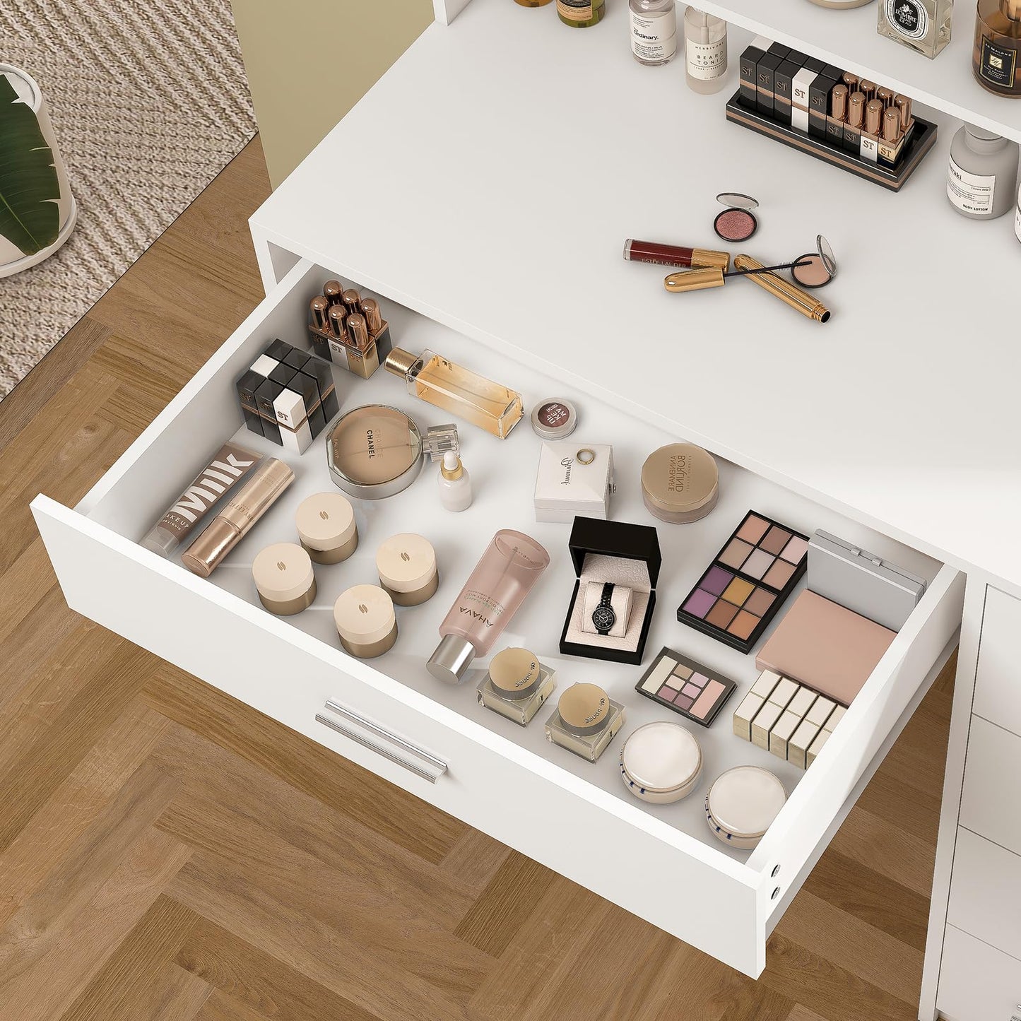 Makeup Vanity Desk with Mirror & Lights, Vanity Desk with 5 Drawers & Storage Shelves, Vanity Table, 3 Color Modes & Adjustable Brightness Dressing Table, Bedroom