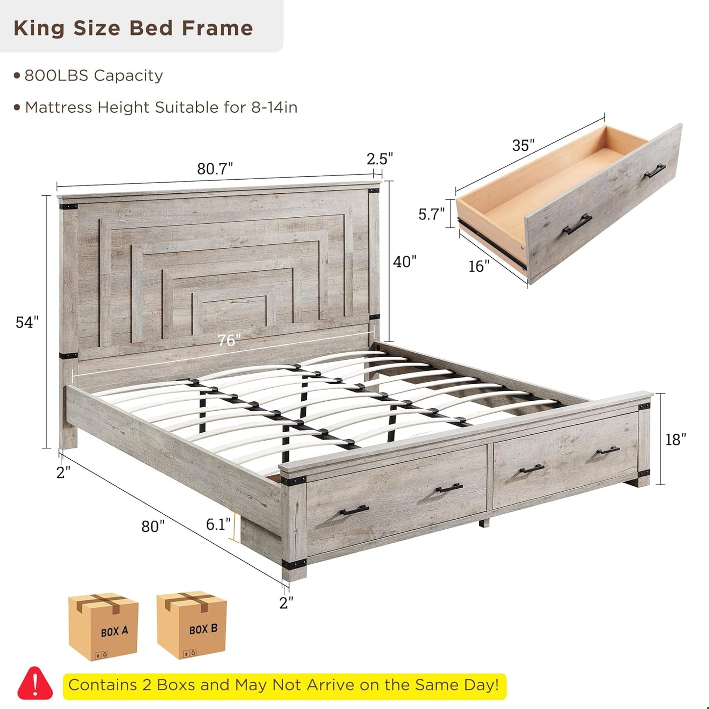 Farmhouse King Size Bed Frame w/ 54" Tall Geometric Headboard, Rustic Wood Platform Bed w/ 2 Large Storage Drawers, Wood Slats Support, Noise Free, No Box Spring Needed, Light Rustic Oak