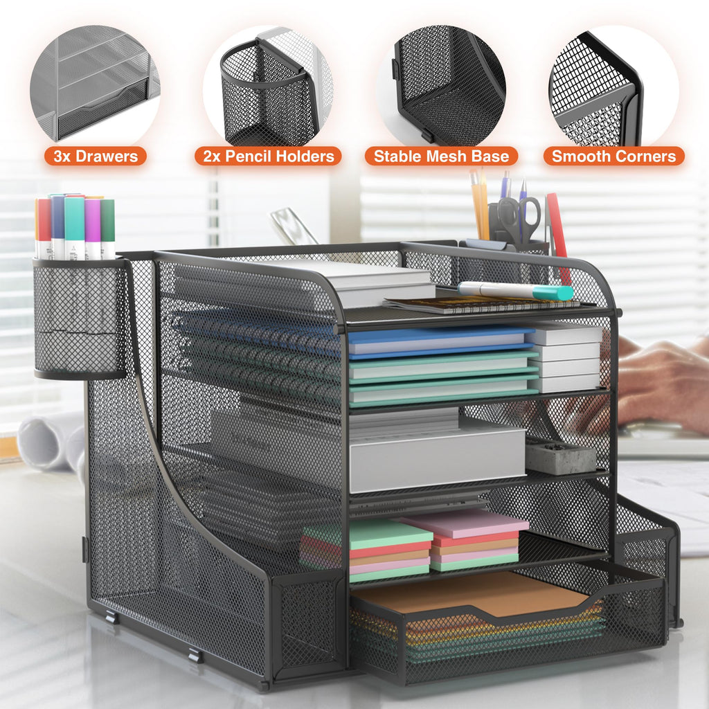 5 Tier Mesh Desk Organizer PLUS - The Upgraded Time, Space & Sanity Saving Desktop Organizer System for Productivity Success - Ideal Pencil File Paperclip Post It Holder Mail Folder Organizer