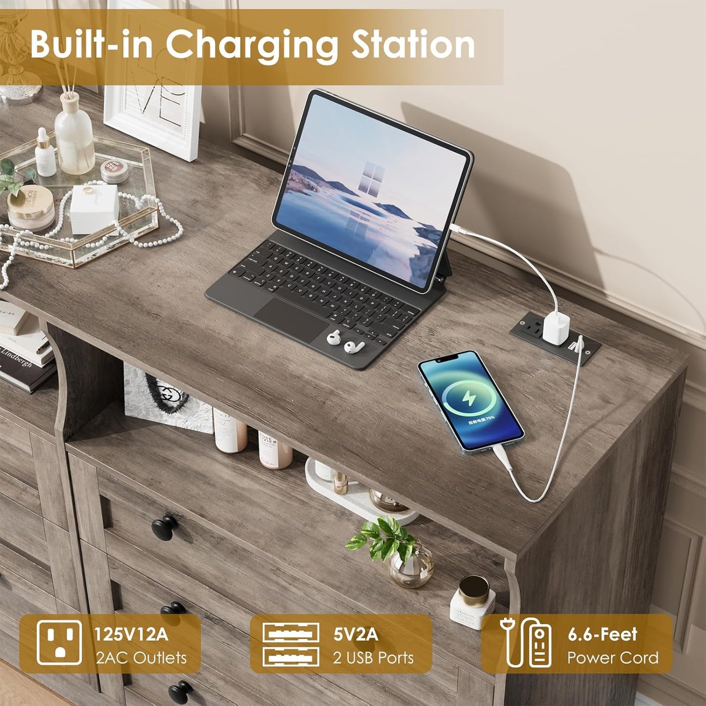 Grey Dresser for Bedroom with Power Outlet, Modern 6 Drawer Dresser Wooden with LED Light, Large Capacity Storage Dressers Bedroom, Tv Stand Dresser for Bedroom with Large Drawer, Handles
