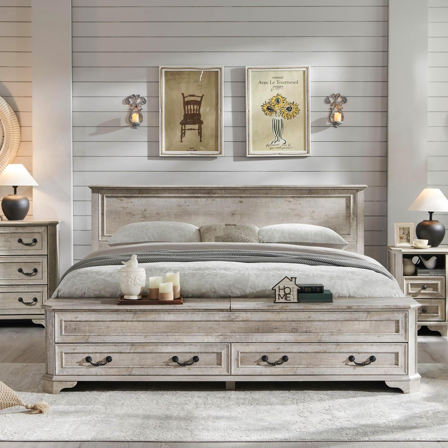 Farmhouse King Bed with Headboard and Storage Bench, Rustic Wood Platform Bed with 80" Storage Chest w/ 4 Large Drawer, Light Rustic Oak