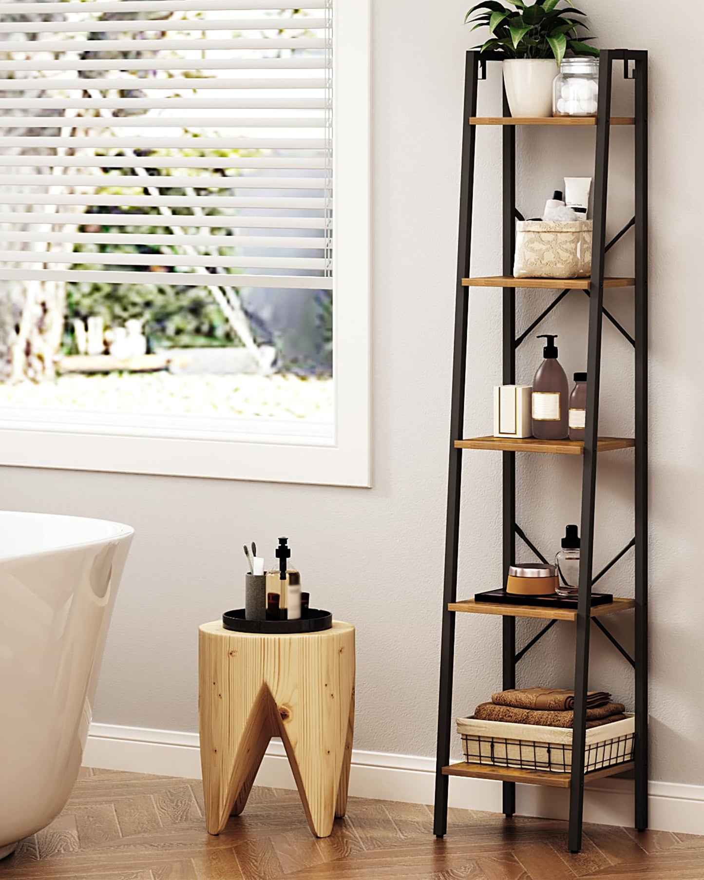 Ladder Shelf, Bookshelf Bookcase, Freestanding Corner Storage Shelve with 2 Hooks for Home Office, Living Room, Kitchen, Bedroom, Industrial, 5-Tier Rustic Brown BC03201B