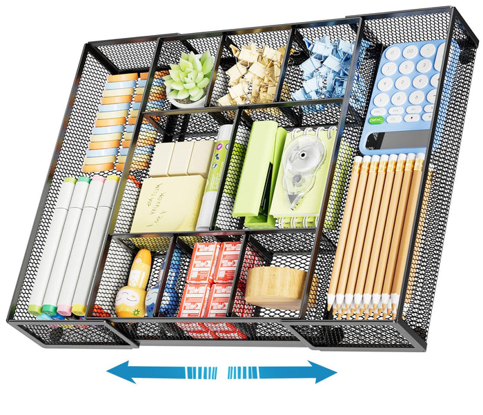 Expandable Desk Drawer Organizer with 10 Adjustable Compartments & 5 Dividers (Black)