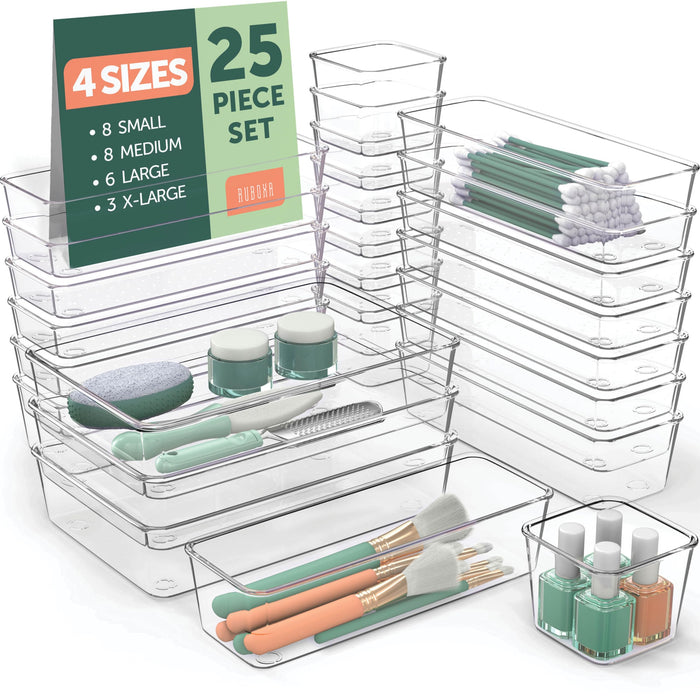 25 PCS Clear Plastic Drawer Organizers Set, 4 Sizes Clear Drawer Organizers & Storage Bins for Makeup/Jewelry Vanity, Kitchen