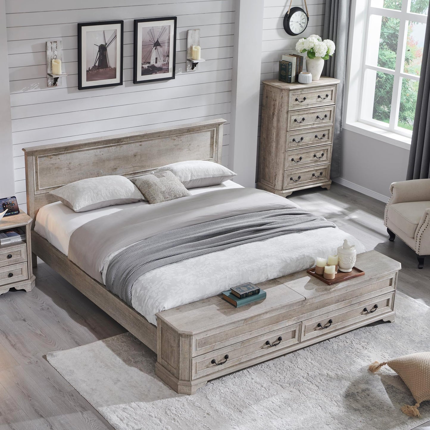 Farmhouse King Bed with Headboard and Storage Bench, Rustic Wood Platform Bed with 80" Storage Chest w/ 4 Large Drawer, Light Rustic Oak
