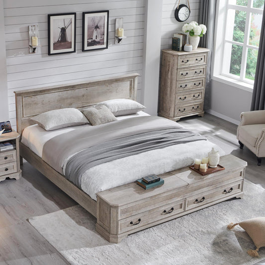 Farmhouse King Bed with Headboard and Storage Bench, Rustic Wood Platform Bed with 80" Storage Chest w/ 4 Large Drawer, Light Rustic Oak