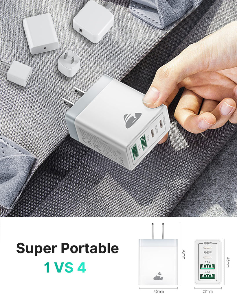 [2-Pack] USB C Wall Charger, 40W Fast USB C Charger Block, 4-Port PD Power Adapter + QC Wall Plug Multiport Type C Charging Block Cube Compatible with iPhone 15 14 13 12 11 Pro Max XR XS 8 7, Samsung
