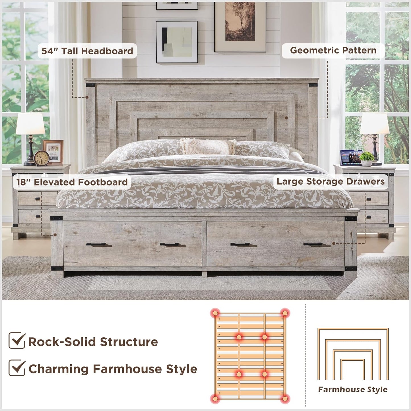 Farmhouse King Size Bed Frame w/ 54" Tall Geometric Headboard, Rustic Wood Platform Bed w/ 2 Large Storage Drawers, Wood Slats Support, Noise Free, No Box Spring Needed, Light Rustic Oak