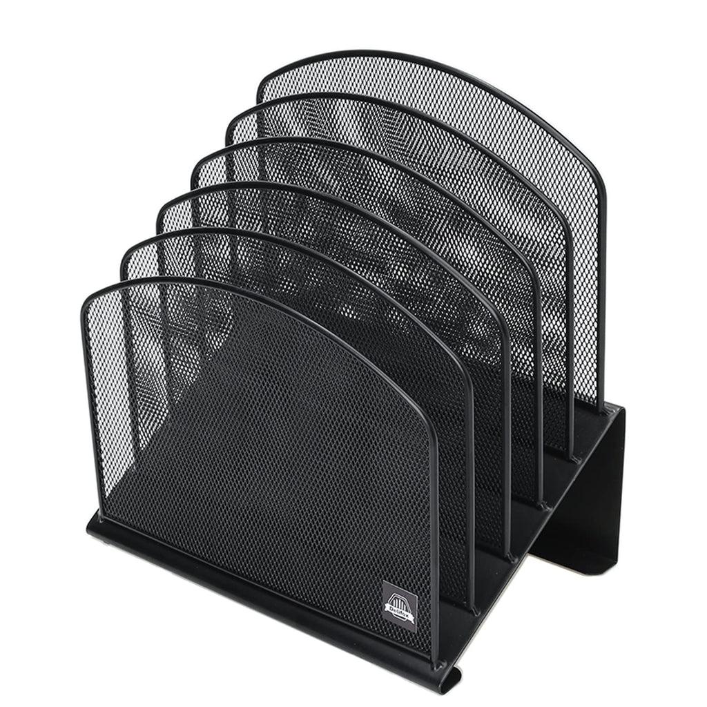 Inclined Desk File Organizer, 5-Section Vertical File Folder Holder Stand Metal Rack File Sorter for Office Classroom Desktop Organization (Black, 1Pack)