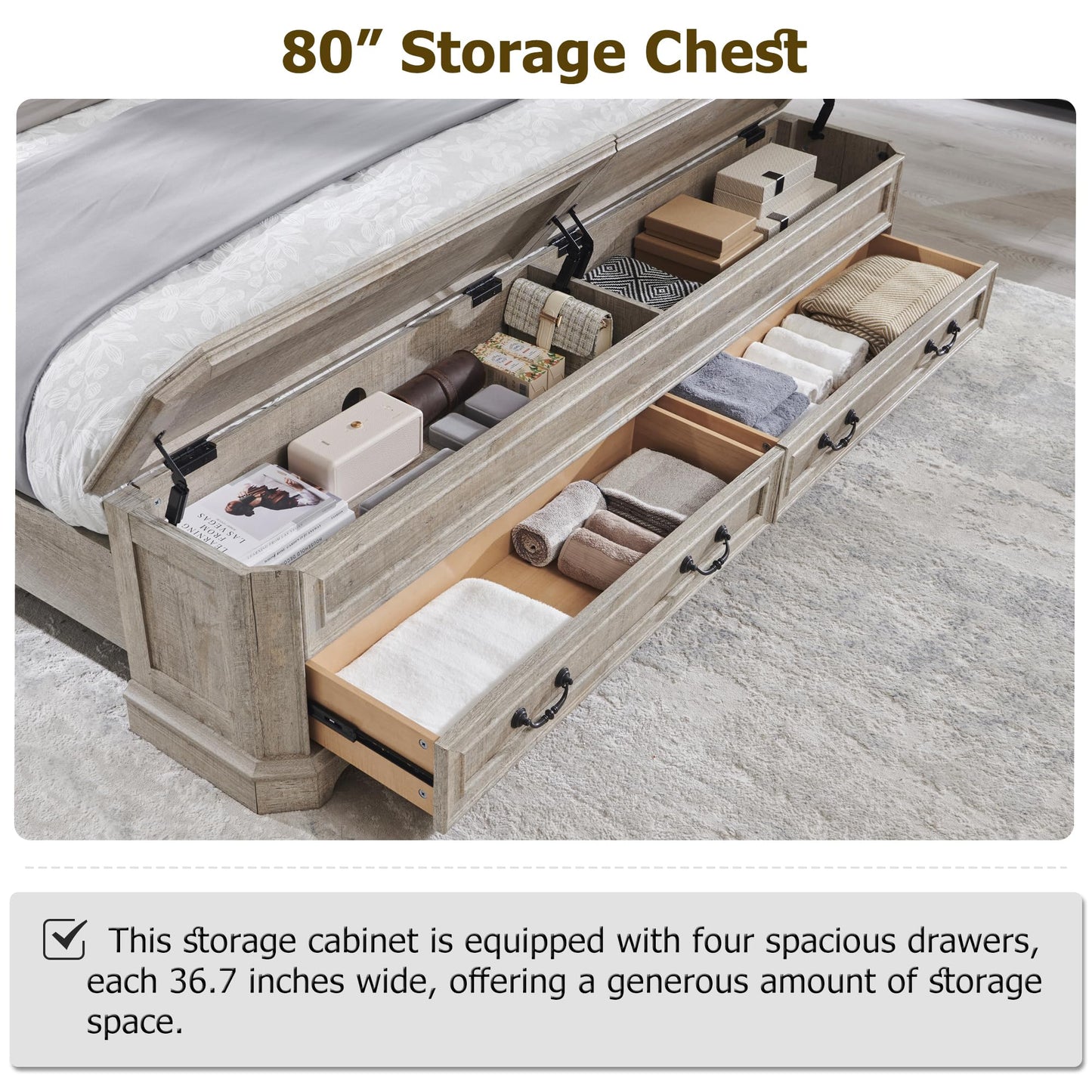 Farmhouse King Bed with Headboard and Storage Bench, Rustic Wood Platform Bed with 80" Storage Chest w/ 4 Large Drawer, Light Rustic Oak