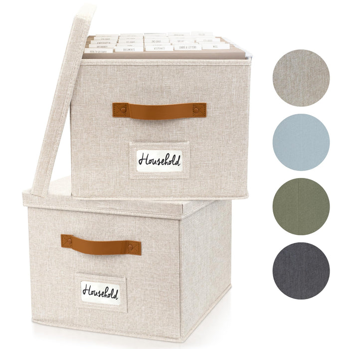 Decorative File Organizer Box Set of 2 - Collapsible Linen Filing Cabinets w/Handles Are Perfect to Store all Your Documents & Hanging File Folders - Portable Easy Slide Crates with Lid