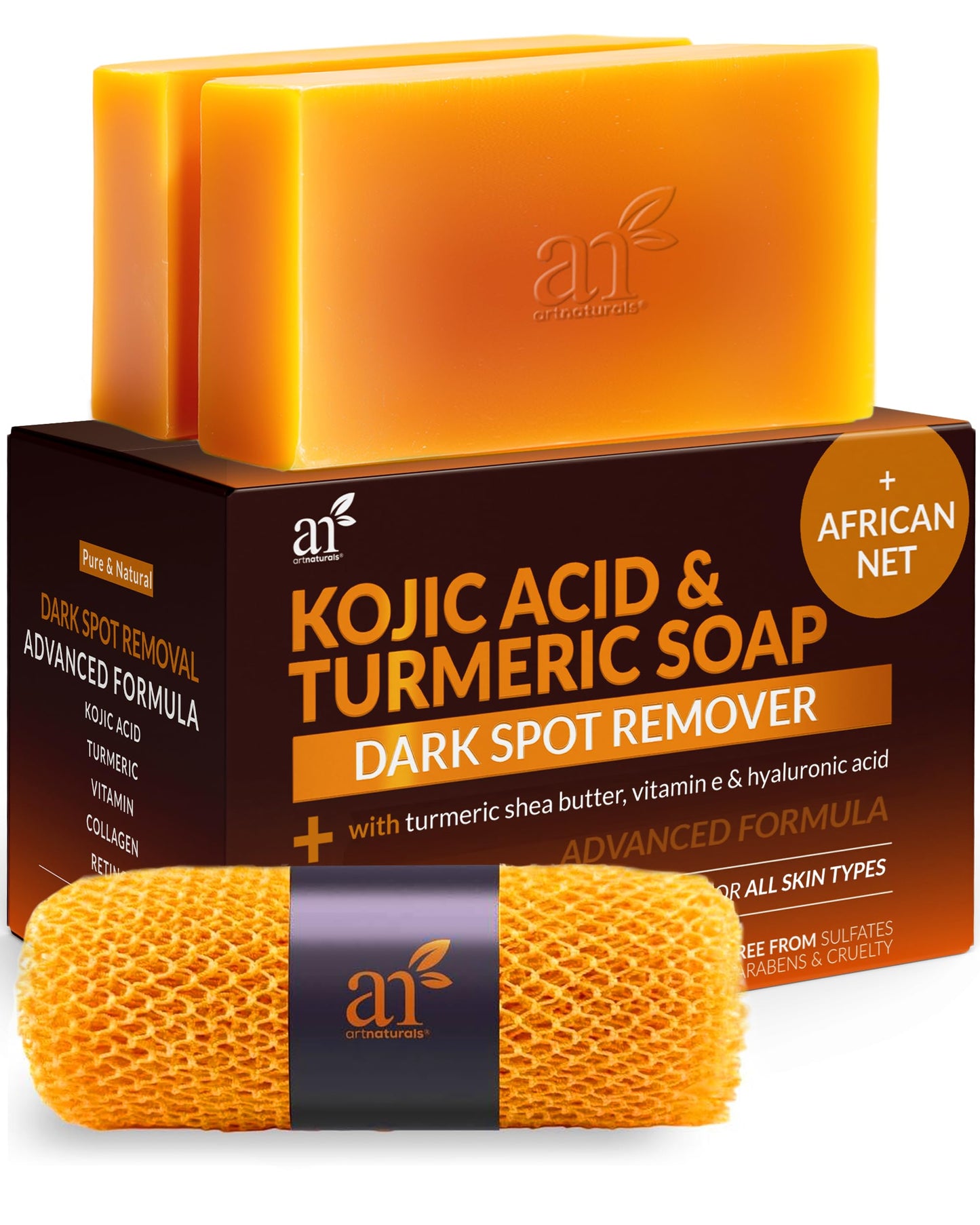 Artnaturals Kojic Acid Soap + African Net Sponge (2 pack X 142g Turmeric bars) Dark spot remover & Scars - Original Japanese Complex Vitamin C, Hyaluronic Acid, retinol, shea butter (Citrus)